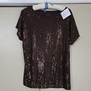 Jingle Belles by Kim Gravel Women's Sequin Brown Top Size Large NWT
